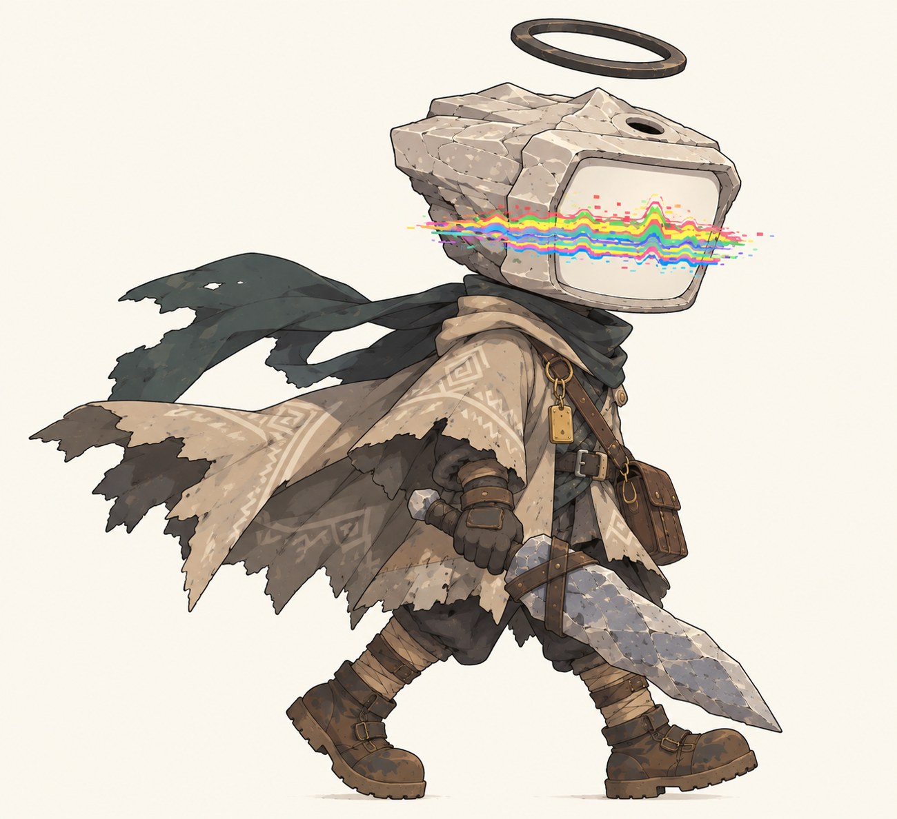Walking, stone sword held low